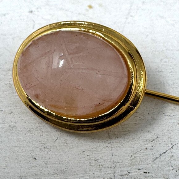 Gold Tone Stick Pin With Oval Rose Quartz Gemstone Scarab design - Picture 2 of 6